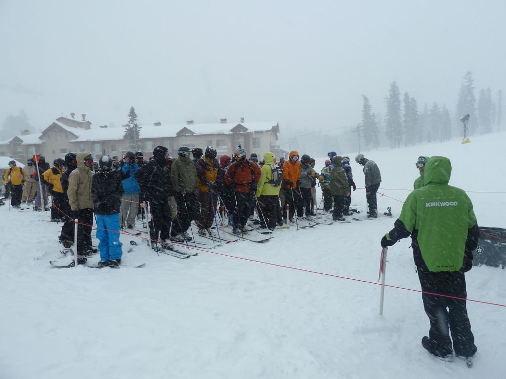 lift line for solitude, the first lift to open at 10:00.