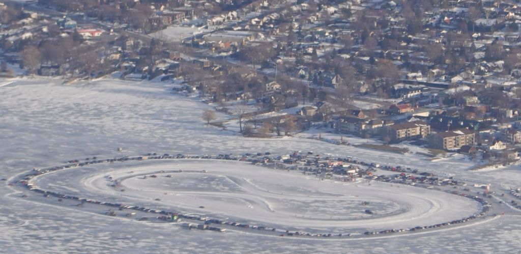 cool thing I spotted from the plane, people built an ice racetrack on the frozen river