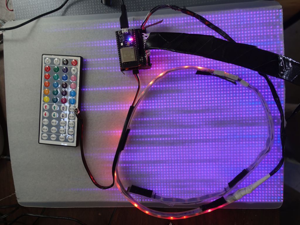 it's reasonably compact, 15 IO's for SmartMatrix (14 are really required), IR connected to port 34, and IO 16 connected to a NeoPixel strip